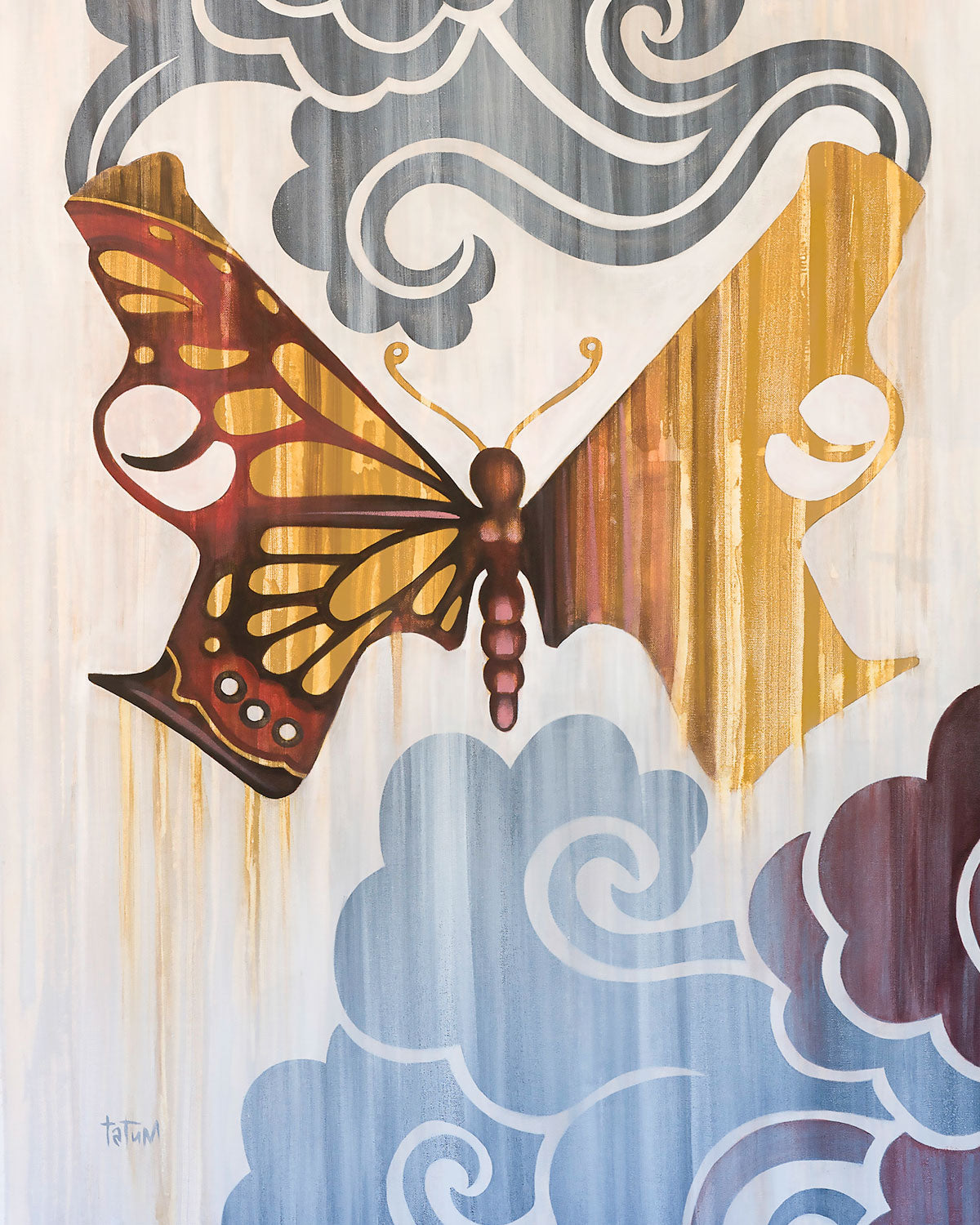 Butterfly Gun, by Robert Tatum, Choice Goods Gallery, Choice Goods Brand, white background with brown and grey zen clouds, gun with butterfly body and wings, brown, gold.