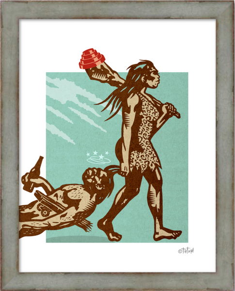Cave woman drags her husband home by hair, after knocking him out with a club. on the club is his red DEVO hat, and he still clutches his beer and broken skateboard. Print is 11"x14" printed with archival inks on premium bright white giclee paper. Available framed, artist pick, sage green distressed 1" frame with acrylic reflection control glazing.