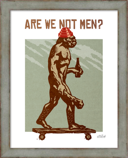 Cave man on a skate board carrying club and a beer. Wearing a red DEVO hat. Are we not men? Sage green background. Fine art Giclee print 11x14" framed with green distressed frame.