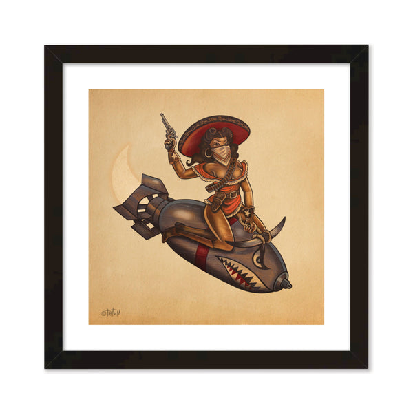 A sexy femme fatal pinup girl with brown hair and red and brown sombrero wearing gloves with a star on them rides a bomb with a shark face and bull horns. She is wearing tall brown cowboy boots, an orange off the shoulder dress and a leather gun holster with a bullet belt around her shoulders. she holds a six shooter in one hand and a rope in the other. Gold background. Fine art giclee print with black matte frame.