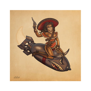 A sexy femme fatal pinup girl with brown hair and red and brown sombrero wearing gloves with a star on them rides a bomb with a shark face and bull horns. She is wearing tall brown cowboy boots, an orange off the shoulder dress and a leather gun holster with a bullet belt around her shoulders. she holds a six shooter in one hand and a rope in the other.