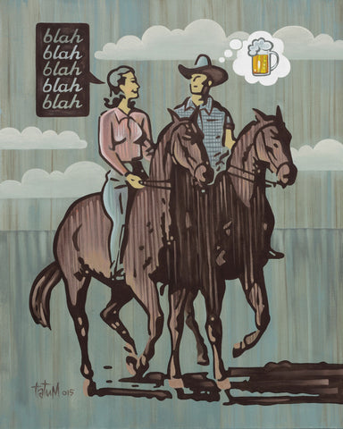 blah blah blah, a man and woman riding horse, woman talking talk bubble, man  thought bubble beer, blue background. 