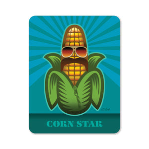 Corn Star, wearing retro sunglasses and a mustache. Corn on blue background. Glass cutting or charcuterie board.