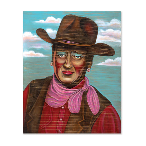 John Wayne, pink bandana, red shirt brown leather vest, brown leather cowboy hat, pink pearl earrings, blue eyeshadow, blue sky with white clouds.
