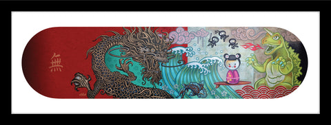skateboard art with Godzilla, dragon and Japanese surfer girl in a kimono. 3 little ninjas are floating in the air 