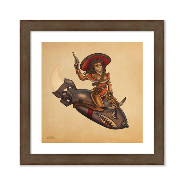 A sexy femme fatal pinup girl with brown hair and red and brown sombrero wearing gloves with a star on them rides a bomb with a shark face and bull horns. She is wearing tall brown cowboy boots, an orange off the shoulder dress and a leather gun holster with a bullet belt around her shoulders. she holds a six shooter in one hand and a rope in the other. Gold background.  fine art giclee print on bright white paper with archival inks and brown distressed 1" inch frame.
