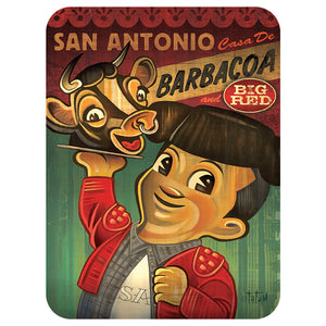 Bobs burger boy look alike matador bob holds a platter with a happy cow head. the words San Antonio Casa de Barbacoa and Big Red logo at the top of the print with a red and green background. The character wears a red matador jacket and a black matador hat and a grey plaid shirt with a white t-shirt that has SA on the front. Glass Cutting Charcuterie Board Large - Choice Goods Gallery