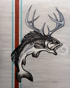 Bass-A-Lope - Choice Goods Gallery. Giant bass with deer antlers and a cloud coming out of his mouth. black and white, with red and blue stripes on grey background.
