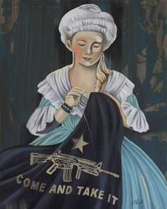 Betsy Ross Come and Take It - Choice Goods Gallery. Betsy Ross wearing blue and white dress, punk rock bracelet, sews a black flag with a gun and star that says come and take it. Giclee fine art print on bright white archival paper with premium archival inks. 8x10 inch, 11x14 inch, 16x70 inch. 