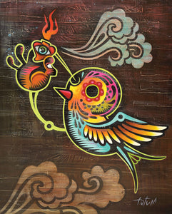 Bird's Eye View - Choice Goods Gallery. dia de los muertos sparrow, sugar skull bird, with hand holding sacred heart with eye and flame, brown background, zen clouds and  bright colors, blue orange red and pink lime green, grey blue eye.