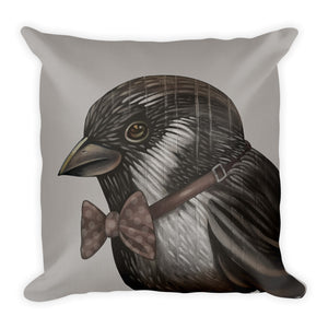 Bird With Bowtie Pillow - Choice Goods Gallery. grey, gray sparrow bird with polkadot bowtie  in muted colors on square woven linen like feel polyester durable cloth pillow, comes with zipper and insert. 18x18 inch, 22x22 inch sizes